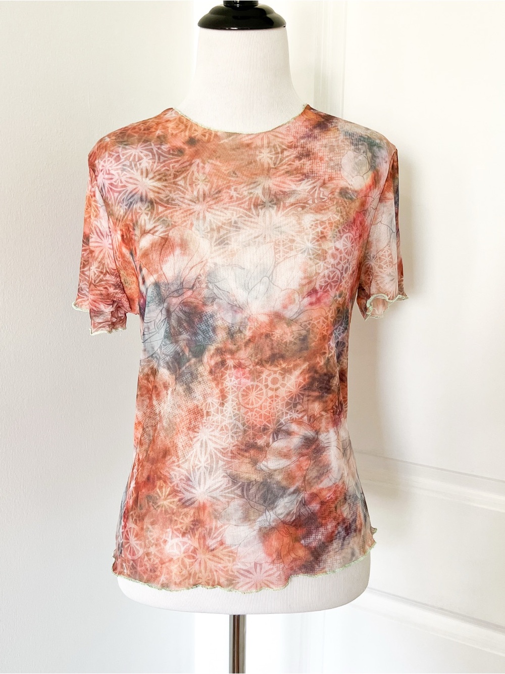 Nasty Gal Orange & Gray Floral Sheer Mesh Short-Sleeve Top - Size 8